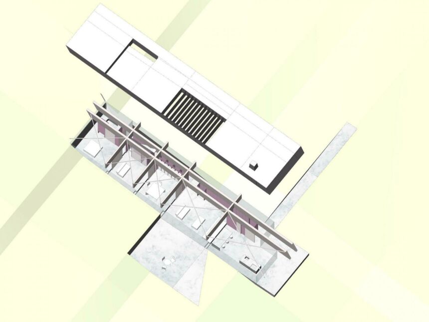 Overhead view concept design of a building's layout against a pale green background.