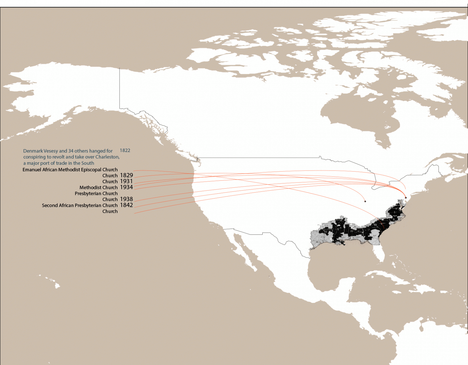 Beige and white infographic map of North America, with the south eastern states highlighted in grey and black. Thin red lines connect dates to various locations along the east coast.