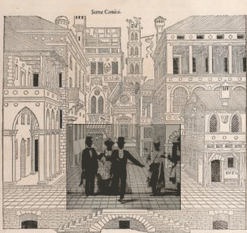 Illustration of silhouettes of men and women in fancy attire, surrounded by buildings.